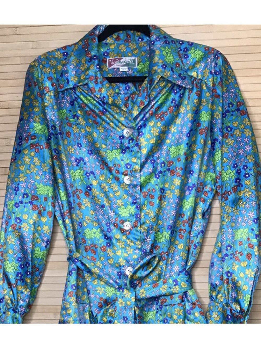 Vintage Vera Maxwell Mid Century Silky button down tie waist Shirt Dress sz L XL - Picture 2 of 6